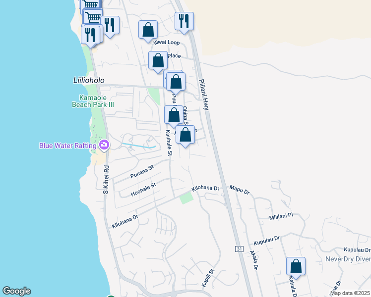 map of restaurants, bars, coffee shops, grocery stores, and more near 2844 Ohina Street in Kihei