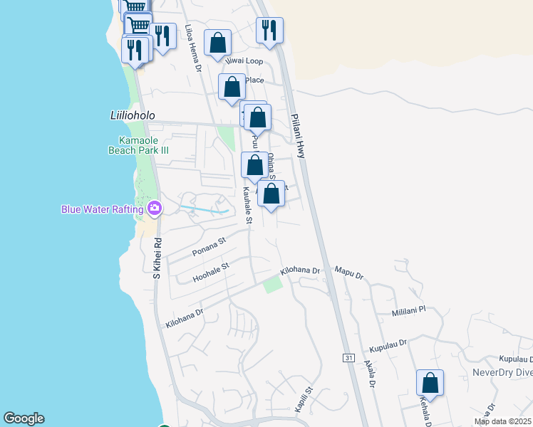 map of restaurants, bars, coffee shops, grocery stores, and more near 2841 Puu Hoolai Street in Kihei