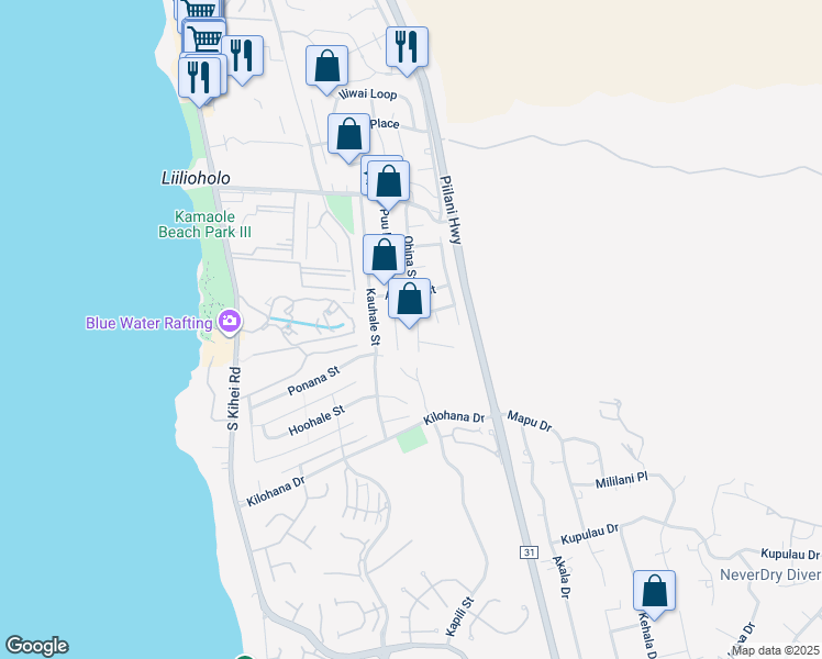 map of restaurants, bars, coffee shops, grocery stores, and more near 2844 Ohina Street in Kihei