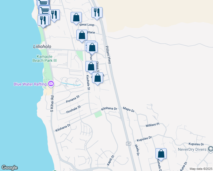 map of restaurants, bars, coffee shops, grocery stores, and more near 2841 Umalu Place in Kihei