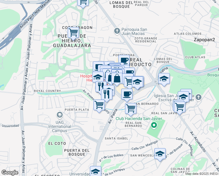 map of restaurants, bars, coffee shops, grocery stores, and more near 5065 Boulevard Puerta de Hierro in Zapopan