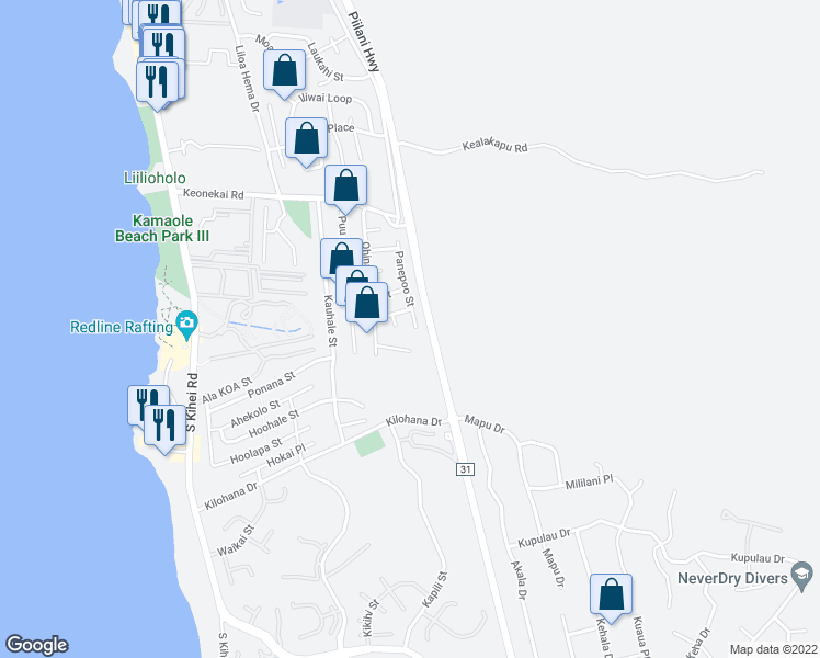 map of restaurants, bars, coffee shops, grocery stores, and more near 2844 Panepoo St in Kihei