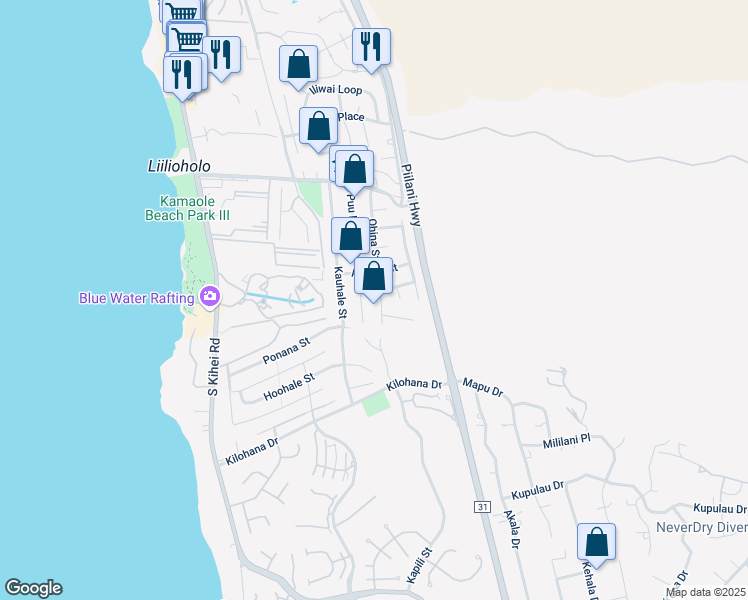 map of restaurants, bars, coffee shops, grocery stores, and more near 2838 Ohina Street in Kihei