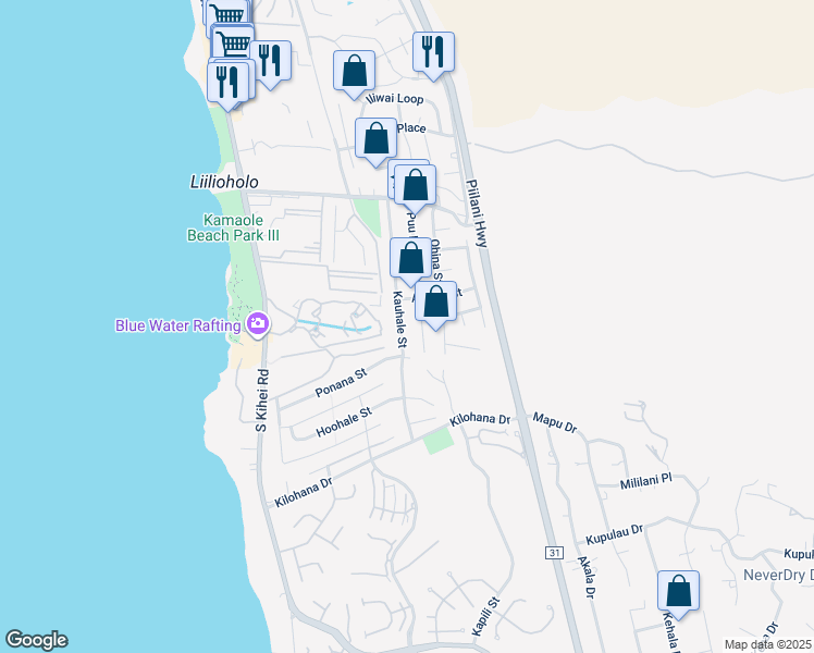 map of restaurants, bars, coffee shops, grocery stores, and more near 2835 Kauhale Street in Kihei