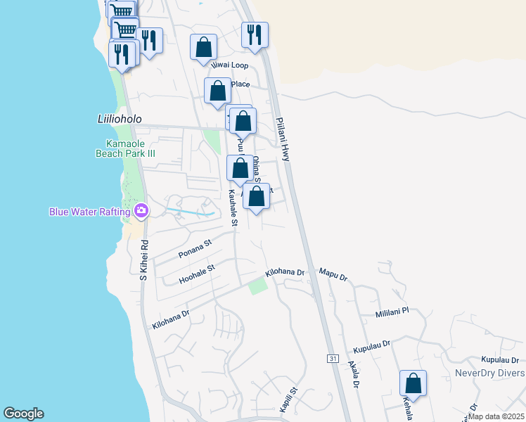 map of restaurants, bars, coffee shops, grocery stores, and more near 2833 Ohina Street in Kihei