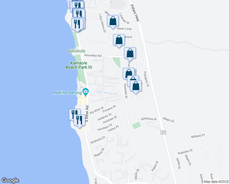 map of restaurants, bars, coffee shops, grocery stores, and more near Ala KOA St in Kihei