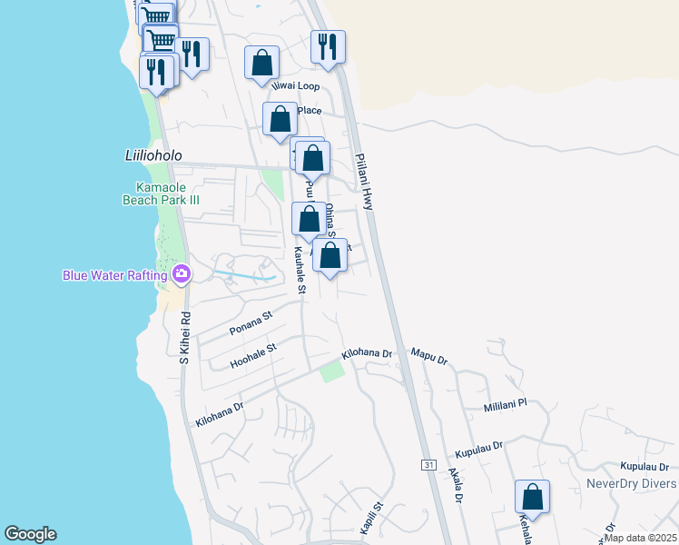 map of restaurants, bars, coffee shops, grocery stores, and more near 2833 Ohina Street in Kihei
