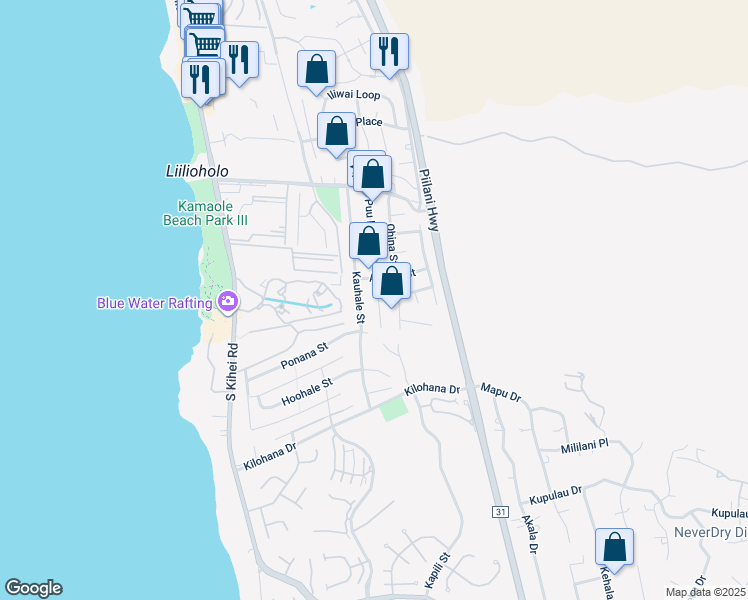 map of restaurants, bars, coffee shops, grocery stores, and more near 2828 Puu Hoolai Street in Kihei