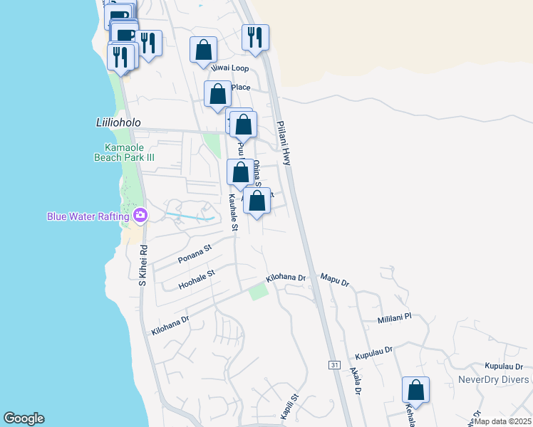 map of restaurants, bars, coffee shops, grocery stores, and more near 2838 Ohina Street in Kihei