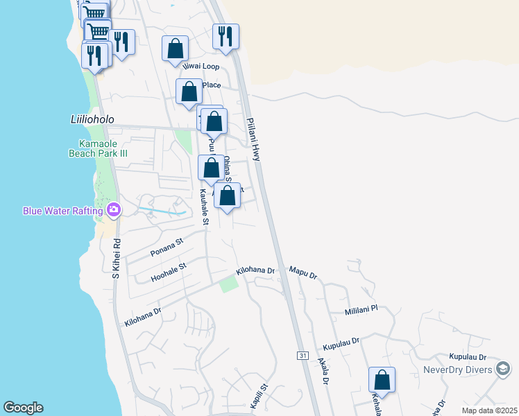 map of restaurants, bars, coffee shops, grocery stores, and more near 2837 Panepoo Street in Kihei