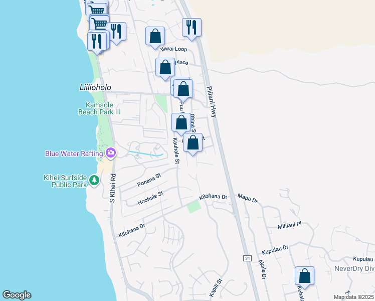 map of restaurants, bars, coffee shops, grocery stores, and more near 2823 Puu Hoolai Street in Kihei