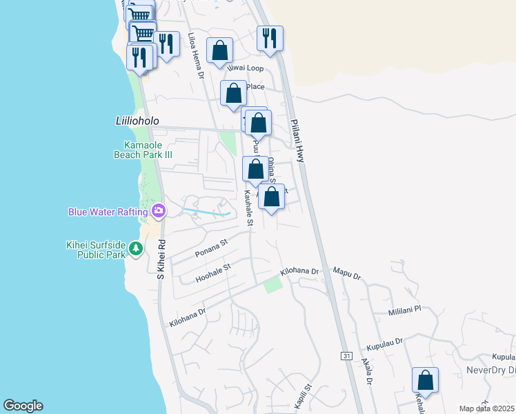 map of restaurants, bars, coffee shops, grocery stores, and more near 2822 Puu Hoolai Street in Kihei