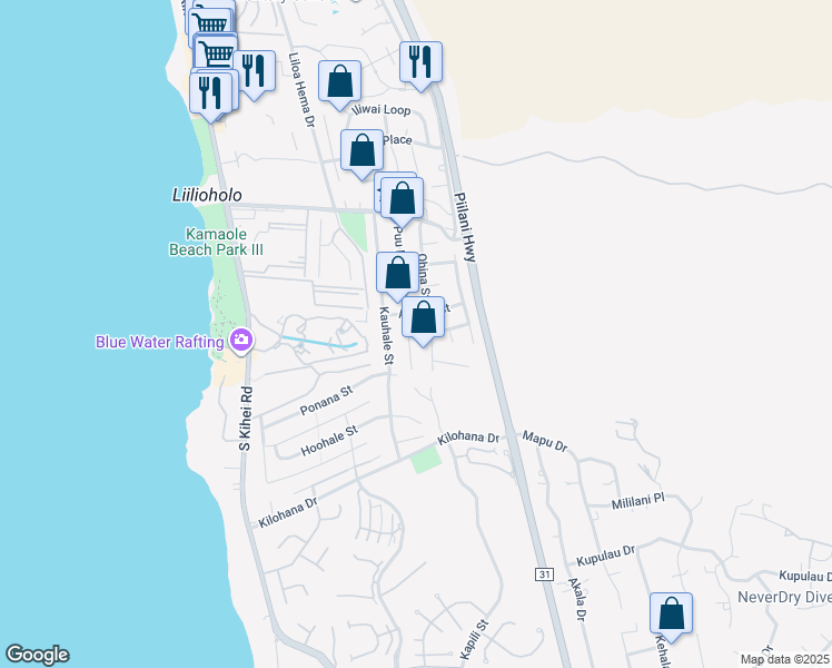 map of restaurants, bars, coffee shops, grocery stores, and more near 2823 Puu Hoolai Street in Kihei
