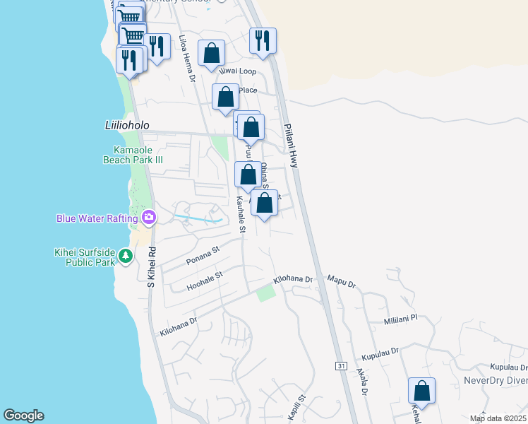 map of restaurants, bars, coffee shops, grocery stores, and more near 2838 Ohina Street in Kihei