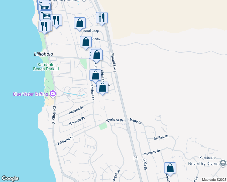 map of restaurants, bars, coffee shops, grocery stores, and more near 2826 Panepoo Street in Kihei