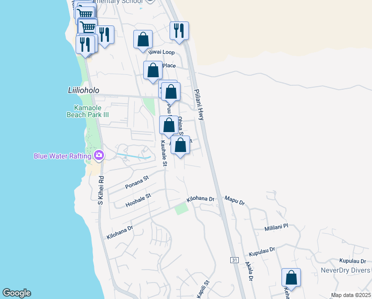 map of restaurants, bars, coffee shops, grocery stores, and more near 265 Alaume Street in Kihei