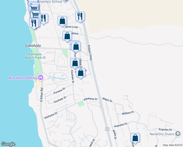 map of restaurants, bars, coffee shops, grocery stores, and more near 2817 Panepoo Street in Kihei