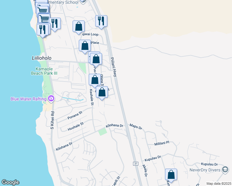 map of restaurants, bars, coffee shops, grocery stores, and more near 2817 Panepoo Street in Kihei