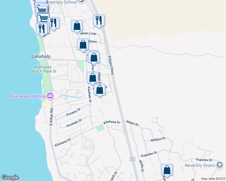 map of restaurants, bars, coffee shops, grocery stores, and more near 2817 Panepoo Street in Kihei