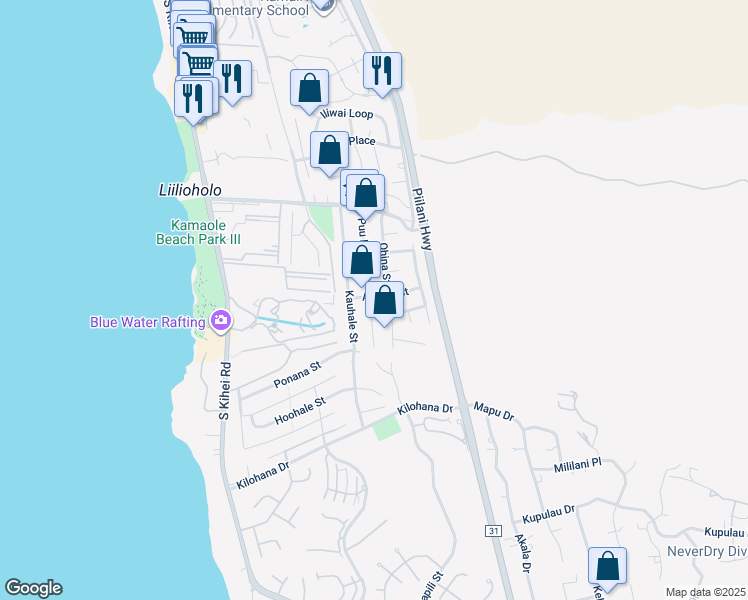 map of restaurants, bars, coffee shops, grocery stores, and more near 232 Aukahi Street in Kihei