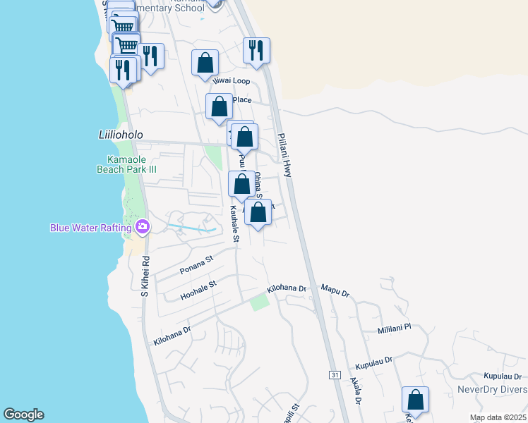 map of restaurants, bars, coffee shops, grocery stores, and more near 262 Aukahi Street in Kihei