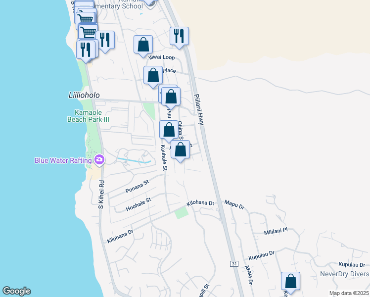 map of restaurants, bars, coffee shops, grocery stores, and more near 262 Aukahi Street in Kihei