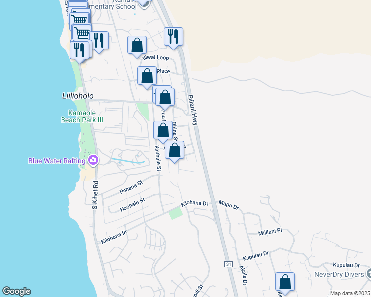 map of restaurants, bars, coffee shops, grocery stores, and more near 282 Aukahi Street in Kihei
