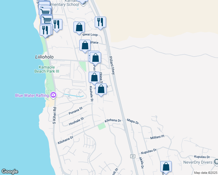 map of restaurants, bars, coffee shops, grocery stores, and more near 288 Aukahi Street in Kihei