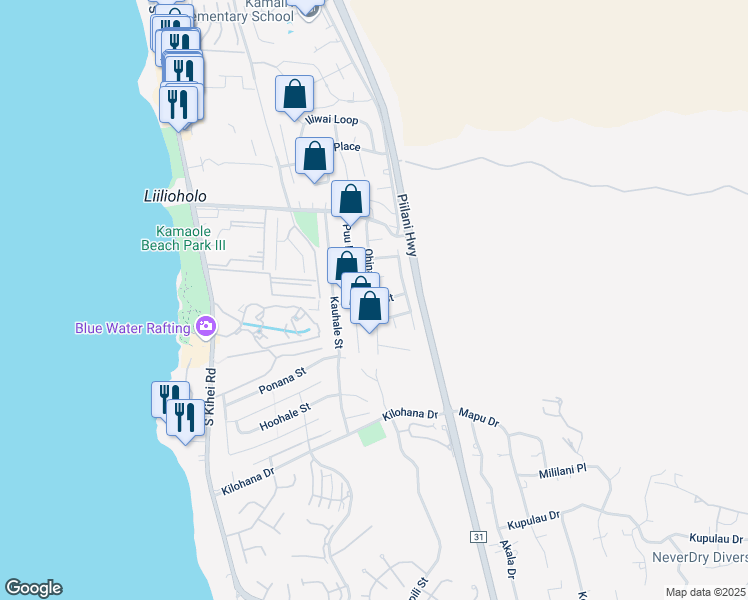 map of restaurants, bars, coffee shops, grocery stores, and more near 227 Aukahi Street in Kihei