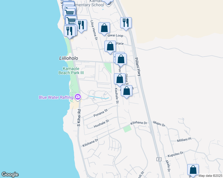 map of restaurants, bars, coffee shops, grocery stores, and more near 2791a Kauhale Street in Kihei