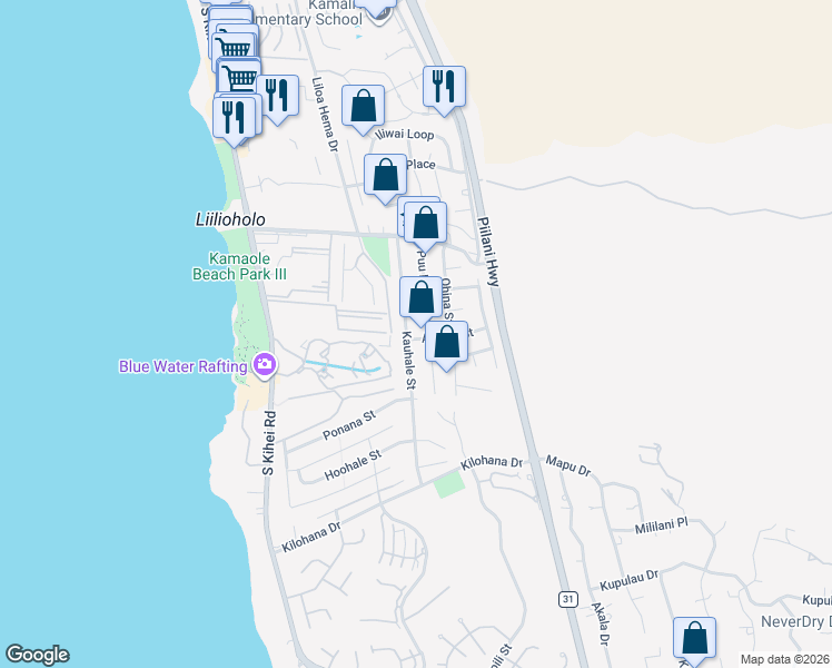 map of restaurants, bars, coffee shops, grocery stores, and more near 2791a Kauhale Street in Kihei