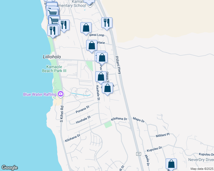 map of restaurants, bars, coffee shops, grocery stores, and more near 2790 Ohina Street in Kihei