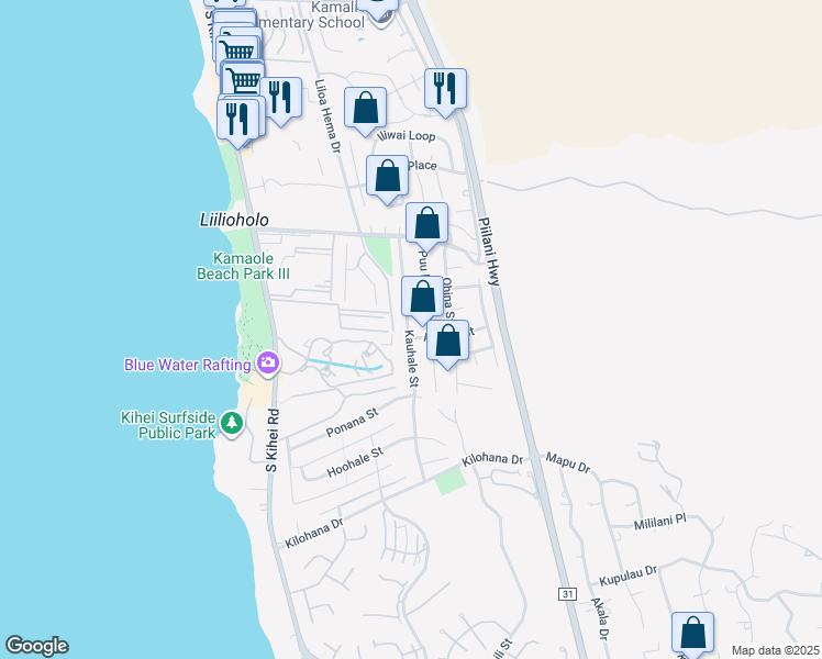map of restaurants, bars, coffee shops, grocery stores, and more near 2791a Kauhale Street in Kihei