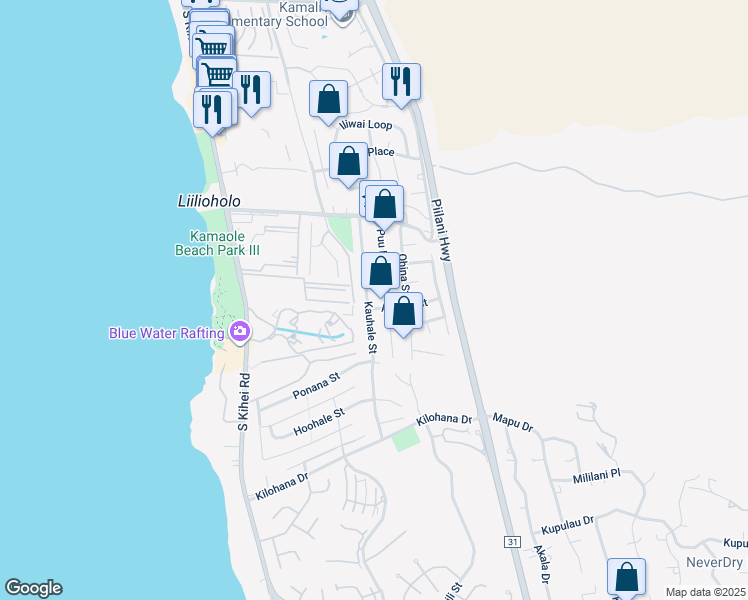 map of restaurants, bars, coffee shops, grocery stores, and more near 2791 Kauhale Street in Kihei