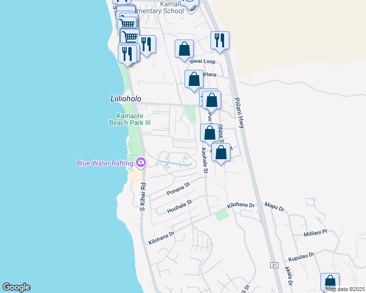 map of restaurants, bars, coffee shops, grocery stores, and more near 2747 South Kihei Road in Kihei