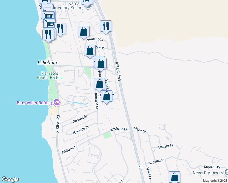 map of restaurants, bars, coffee shops, grocery stores, and more near 289 Aukahi Street in Kihei