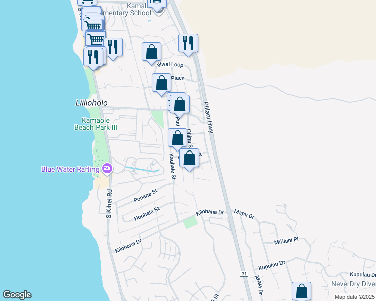 map of restaurants, bars, coffee shops, grocery stores, and more near 2780 Ohina Street in Kihei