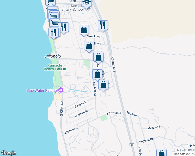 map of restaurants, bars, coffee shops, grocery stores, and more near 2766 Puu Hoolai Street in Kihei