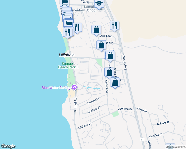 map of restaurants, bars, coffee shops, grocery stores, and more near 2747 South Kihei Road in Kihei