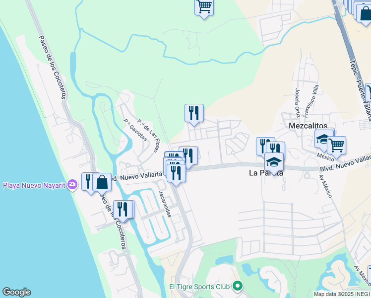 map of restaurants, bars, coffee shops, grocery stores, and more near 1000 Boulevard Nuevo Vallarta in Nuevo Vallarta