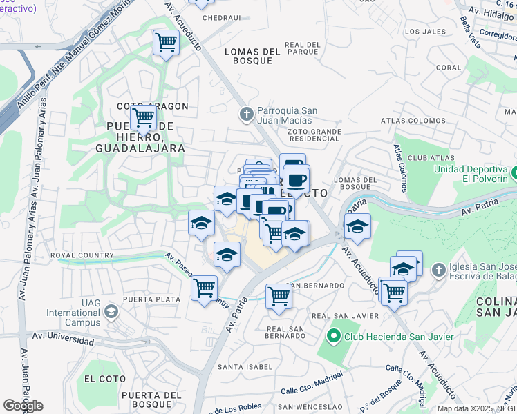 map of restaurants, bars, coffee shops, grocery stores, and more near 4965 Boulevard Puerta de Hierro in Zapopan