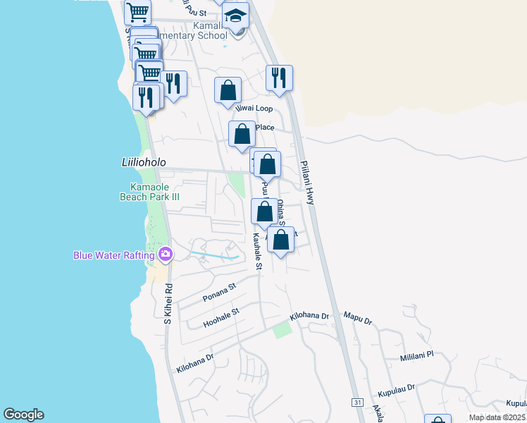 map of restaurants, bars, coffee shops, grocery stores, and more near 2748 Puu Hoolai Street in Kihei