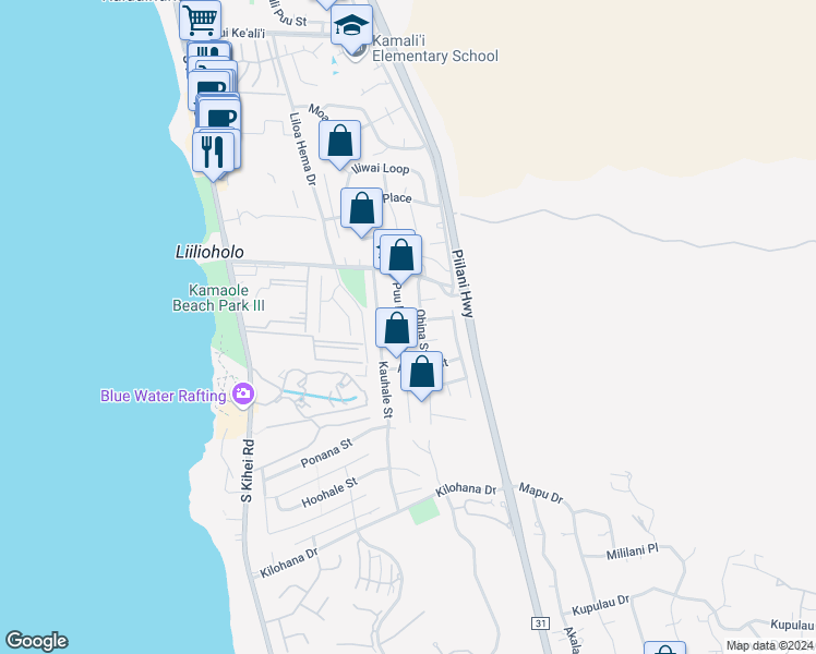 map of restaurants, bars, coffee shops, grocery stores, and more near 262a Aone Street in Kihei