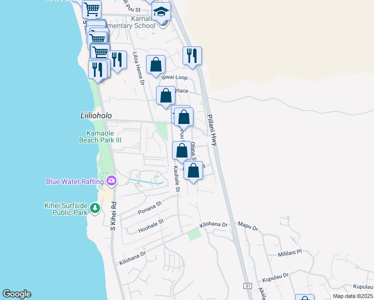 map of restaurants, bars, coffee shops, grocery stores, and more near 2745 Puu Hoolai Street in Kihei