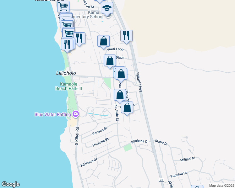 map of restaurants, bars, coffee shops, grocery stores, and more near 2751 Kauhale Street in Kihei