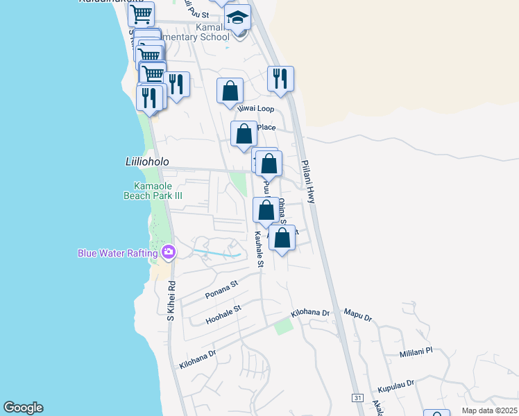 map of restaurants, bars, coffee shops, grocery stores, and more near 2751 Kauhale Street in Kihei