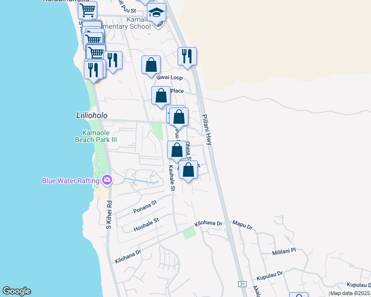 map of restaurants, bars, coffee shops, grocery stores, and more near 2738 Ohina Street in Kihei