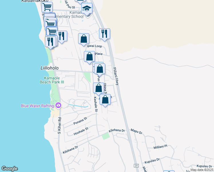 map of restaurants, bars, coffee shops, grocery stores, and more near 262a Aone Street in Kihei