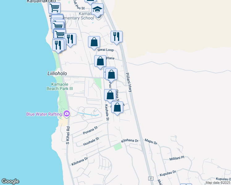 map of restaurants, bars, coffee shops, grocery stores, and more near 2730 Ohina Street in Kihei