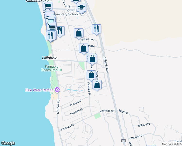 map of restaurants, bars, coffee shops, grocery stores, and more near 2736 Puu Hoolai Street in Kihei
